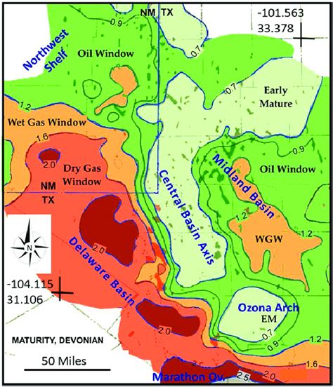 Permian Basin thermal maturity map at the Woodford Shale Devonian ...