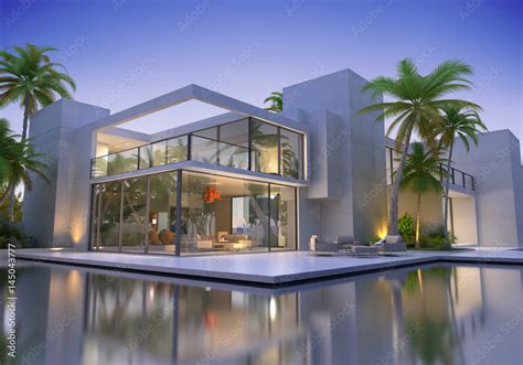 Modern house with pool Stock Illustration | Adobe Stock