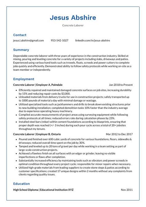 Concrete Laborer Resume (CV) Example and Writing Guide