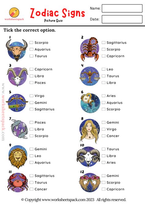 Zodiac Signs Picture Quiz - worksheetspack