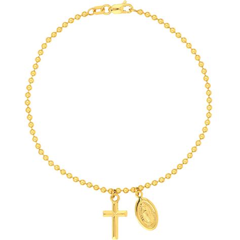 14k Yellow Gold Virgin Mary Medal and Cross Bead Bracelet 05.7_Y41-389140FM