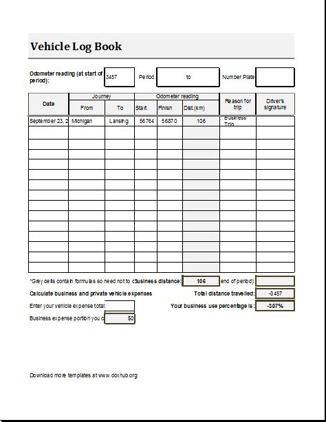 Vehicle Log Book Template for MS EXCEL and Calc | Document Hub