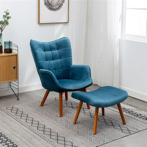 Leiria Contemporary Silky Velvet Tufted Accent Chair with Ottoman, Blue ...