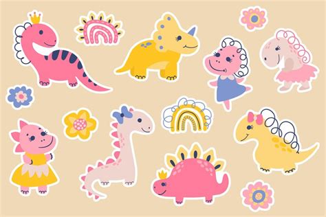 Premium Vector | Set of cute dinosaur girls stickers. draw style. vector illustration.