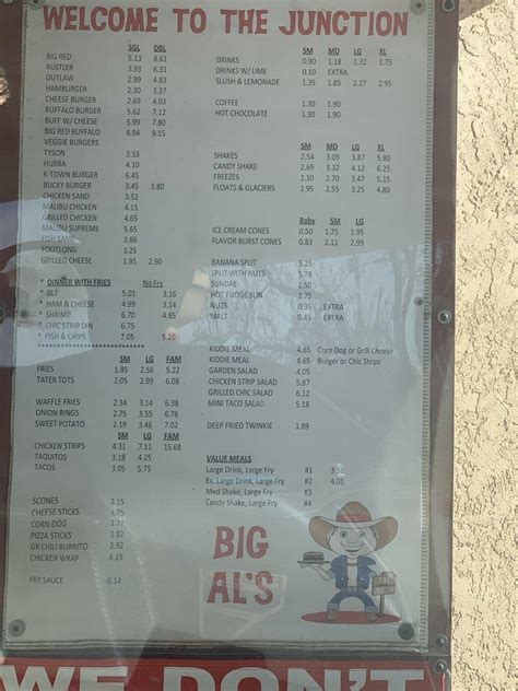 Menu at Big Al's Burgers at The Junction fast food, Kanab