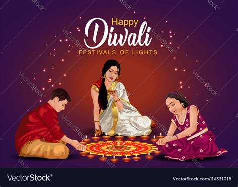 Happy diwali greetings a family making diya Vector Image