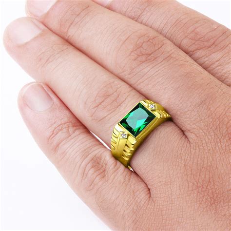 Green Emerald Ring Gold 10 karat Men's Diamond Jewelry