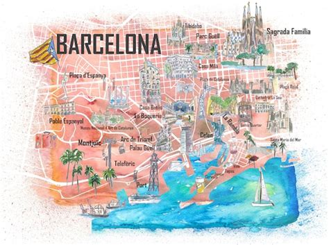 Barcelona Illustrated Travel Map With Main Roads Landmarks - Etsy UK