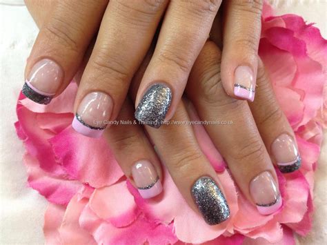 Eye Candy Nails & Training - Charcoal grey glitter and pink polish tips over acrylic nails by ...