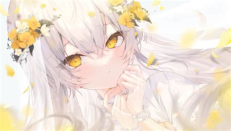 Anime Anime Girls Yellow Eyes White Hair Flower In Hair Wallpaper - Resolution:2048x1168 - ID ...