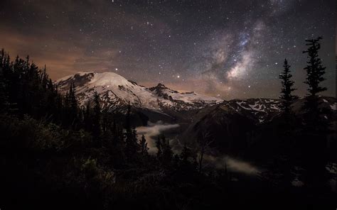 nature, Landscape, Moonlight, Mountain, Forest, Mount Rainier, Snowy ...