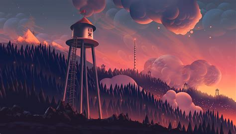 aaron campbell digital art trees clouds forest fantasy art mountains sunset watchtower #1080P # ...