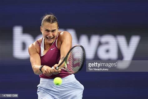 Aryna Sabalenka returns a serve to Marie Bouzkova of Czechia during... News Photo - Getty Images