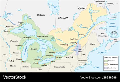 Map great lakes and st lawrence river Royalty Free Vector