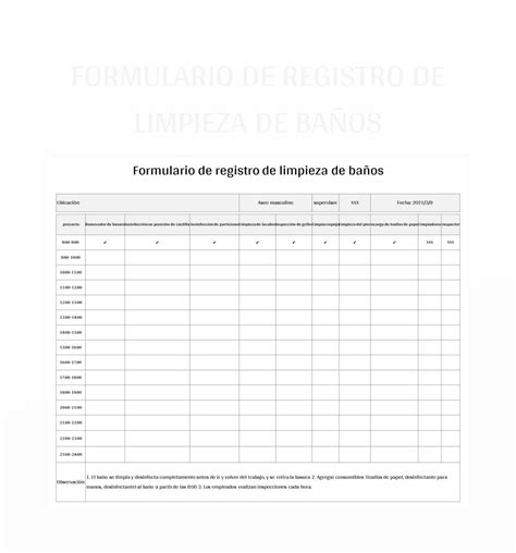 Plantilla de Formato Excel Formulario De Registro De Limpieza De Baños y Hoja de Cálculo de ...