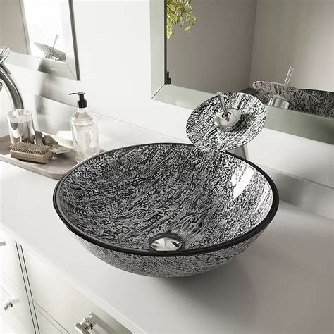 VIGO Glass Round Vessel Bathroom Sink in Titanium Gray with Waterfall Faucet and Pop-Up Dr ...