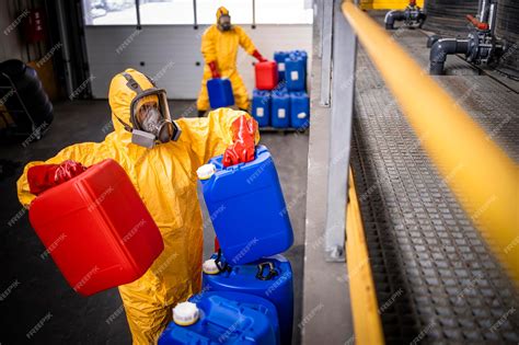 Premium Photo | Chemical plant workers carrying plastic containers with ...