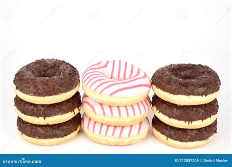 Donuts Tower Stack Pile On White Background. Food Border Background ...