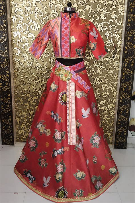 Gajari color taffeta silk printed lehenga with embroidery work