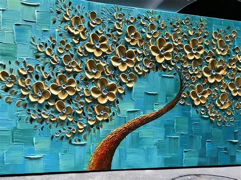 100% Hand Painted On Canvas Textured Palette Tree Oil Painting 3D Flowers Paintings D Without ...