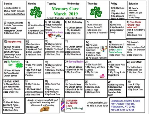 Memory Care Calendar - The Davis Community