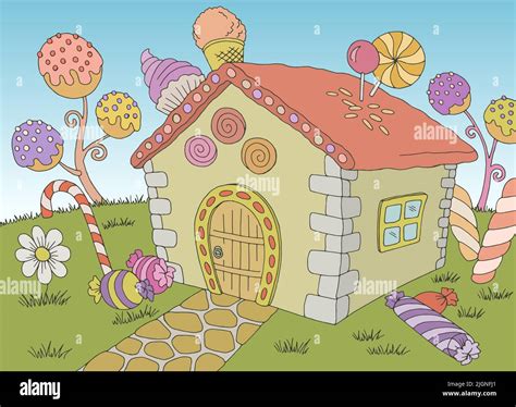 Candy house building exterior graphic color landscape sketch ...