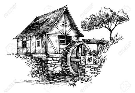 Bildergebnis für watermill drawing | Landscape drawings, Architecture ...