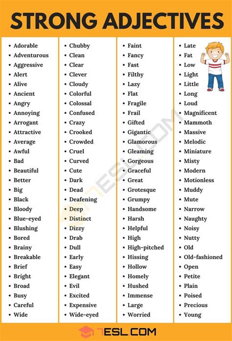 the words that describe strong and strong adjects are shown in two different languages