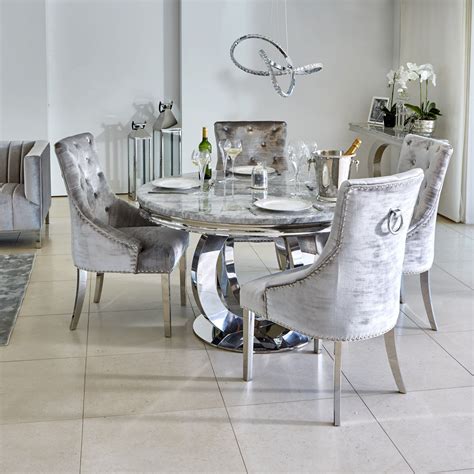Oracle 130cm Round Grey Marble Dining Table & 4 Parker Grey Velvet Knocker Chairs | Dining room ...