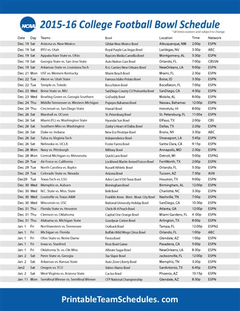 Ncaa Bowl Games Printable Schedule