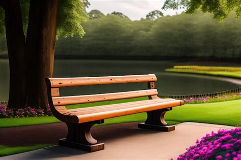 Premium AI Image | Wooden bench at flower garden park