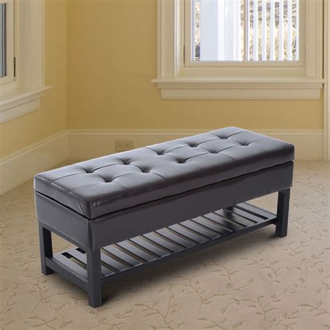 44" Brown Faux Leather Ottoman Bench Seat With Storage And Wooden Shoe Rack | eBay