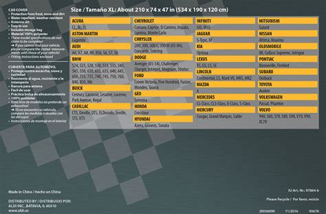 Auto XS Car or SUV Cover: Size Charts | Aldi Reviewer