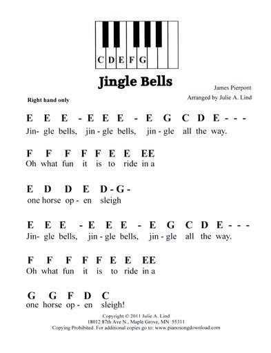 Jingle Bells, easy pre-staff music with letters for beginning piano lessons. | Christmas piano ...