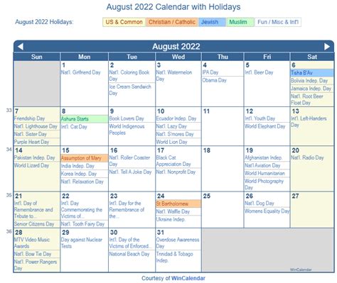 Print Friendly August 2022 US Calendar for printing