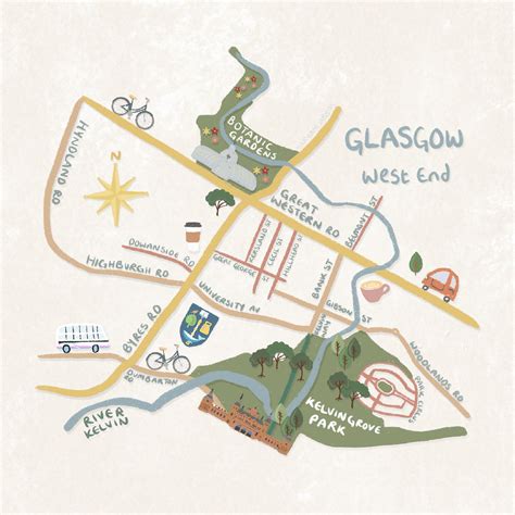 West End Illustrated Map Glasgow Print Scotland | Etsy