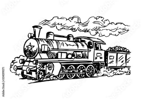 retro steam locomotive, historical train, black and white clipart Stock ...