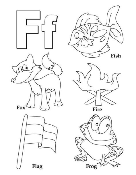 the letter f is for fish and other animals coloring page with an animal, bird, frog