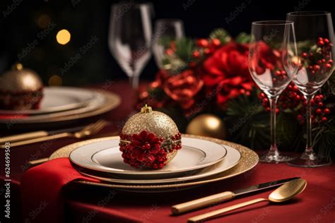 festive christmas dinner setting. Seasonal holiday dining background. Stock Photo | Adobe Stock