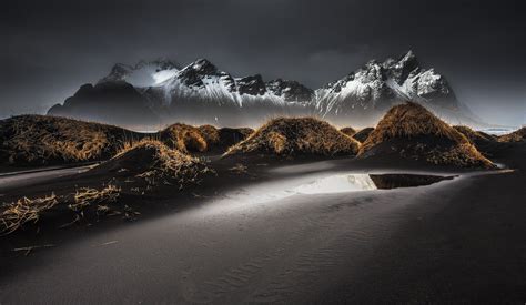 nature, Landscape, Iceland, Mountains, Snowy peak, Hills, Sand, Reflection, Plants, Clouds ...