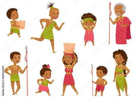 African People Characters with Kids in Traditional Tribal Clothing Vector Set Stock Vector ...