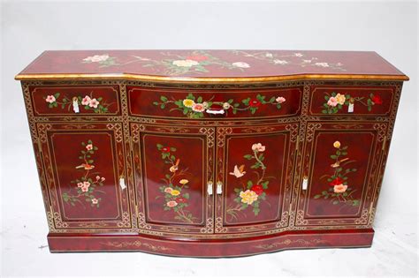 60" oriental buffet, Chinese credenza, burgundy or red lacquer cabinet ...