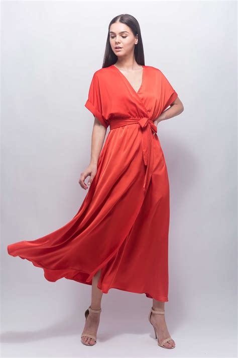 Orange Maxi Wrap Front Satin Dress - BOUTIQNA