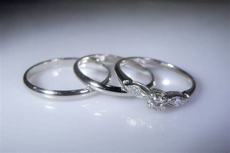 14K White Gold Bride and Groom Rings, Diamond Engagement Ring, Bride Wedding Band, Groom Wedding ...