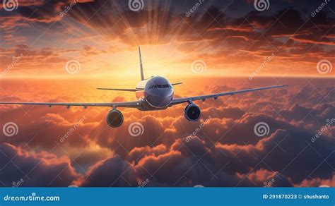 Plane Flying Towards the Sunset Stock Illustration - Illustration of ...