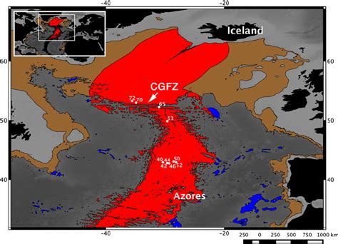 Map of the North Atlantic Ocean highlighting the lower bathyal zones ...