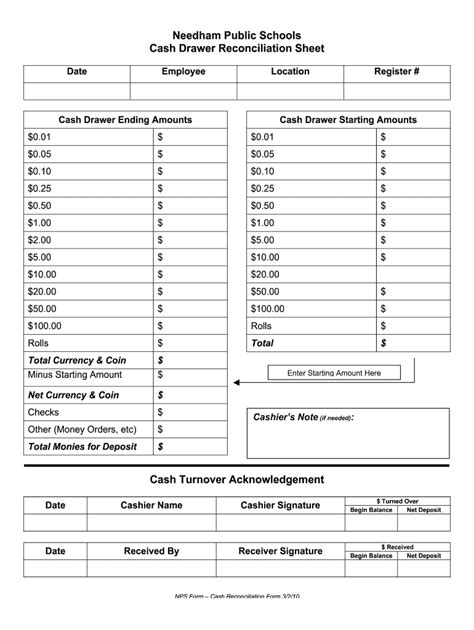 Printable Cash Drawer Count Sheet Template - Printable Word Searches