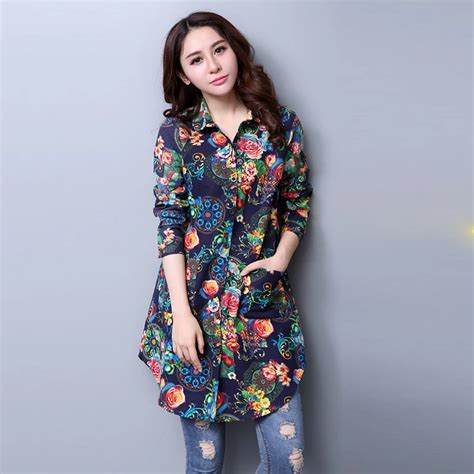 2018 Spring and autumn Fashion Style Cotton Women Blouses Top Medium Long Shirts Fancy Pattern ...