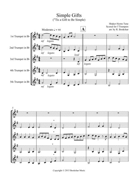 Simple Gifts ('Tis A Gift To Be Simple) (Trumpet Quintet) By Shaker Hymn Tune - Digital Sheet ...