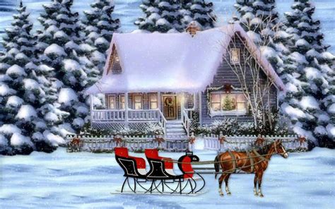 Vacances Noël Vacances Reindeer Sleigh Maison Hiver Snow Arbre Fond d'écran | Paisajes navideños ...